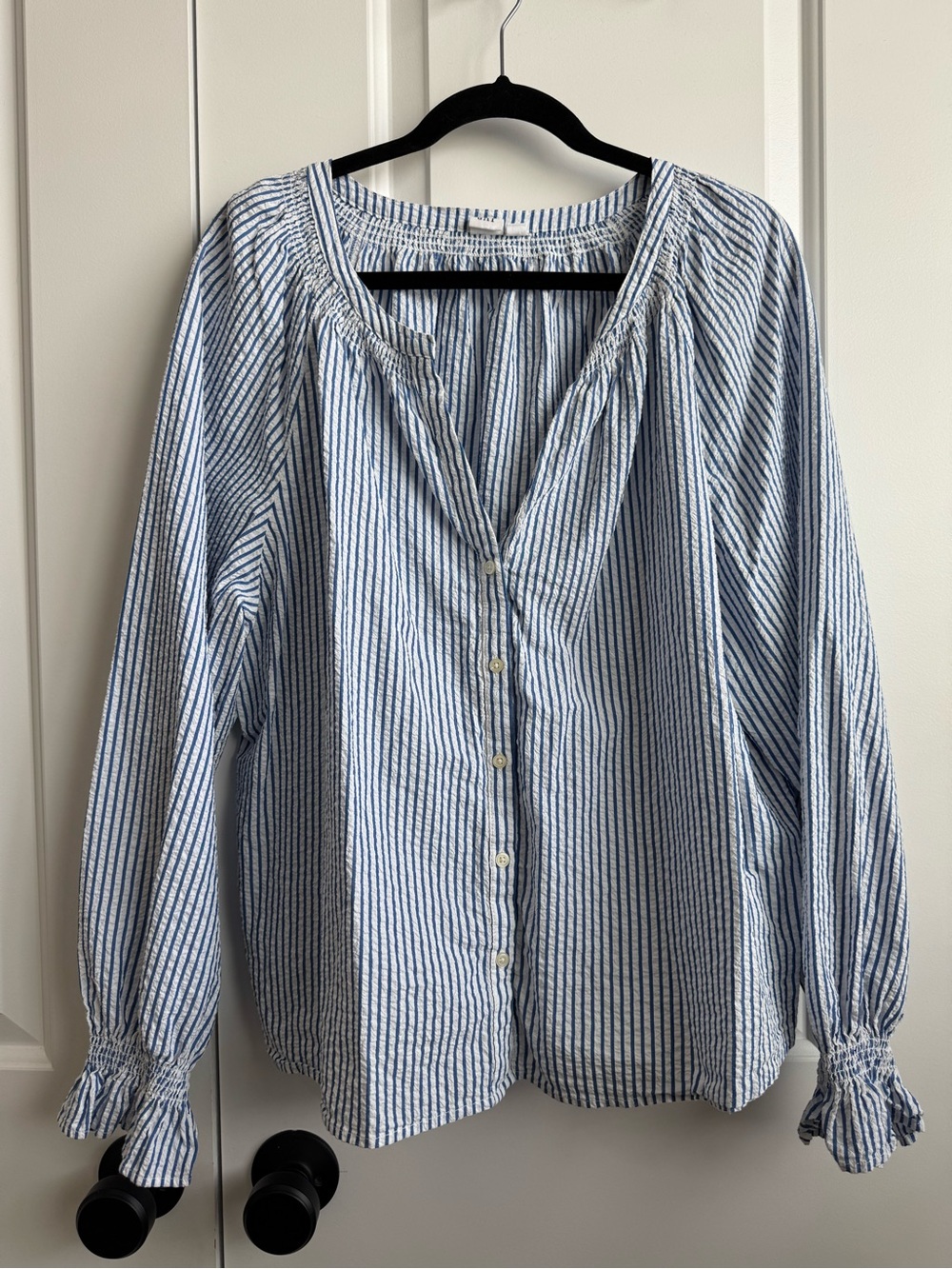 GAP Blue White Striped Seersucker Smocked Blouse XL